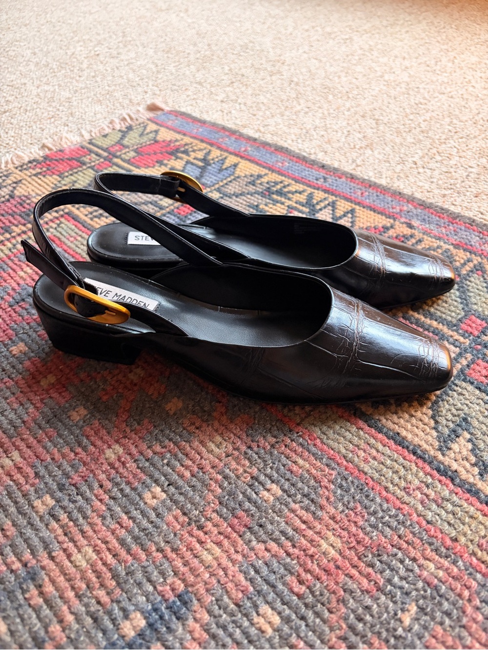 Steve Madden Black Croc-Embossed Slingback Heels with Gold Buckle - Picture 2 of 4